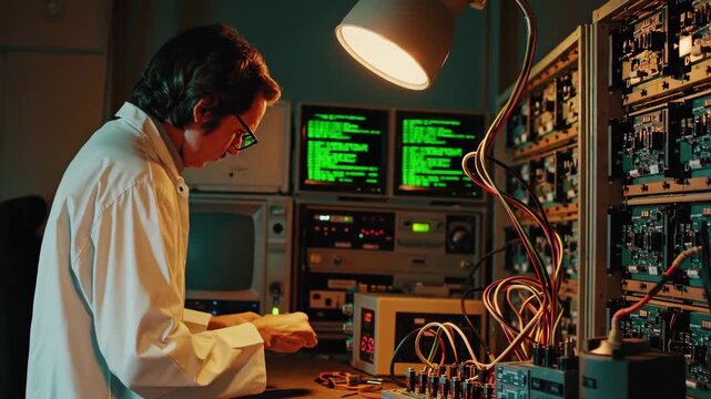 Engineer working with old computers in early days of technology.