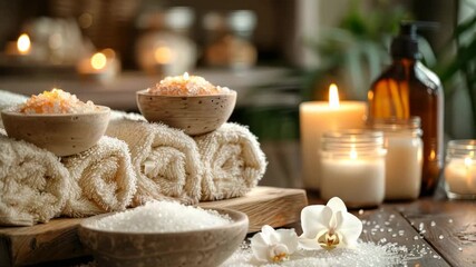 A spa setting with rolled towels, orchids and aromatic candles, creating a calming atmosphere. Beautiful spa composition with towels, candles and sea salt. Beauty spa treatment and relax concept. - Powered by Adobe