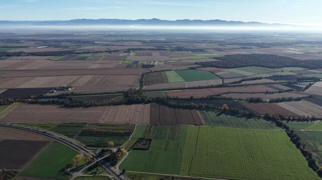 Aerial view of agricultural fields in varying earthy tones, contrasted by green fields and a distant mountain range, Rouffach, Grand Est, France.