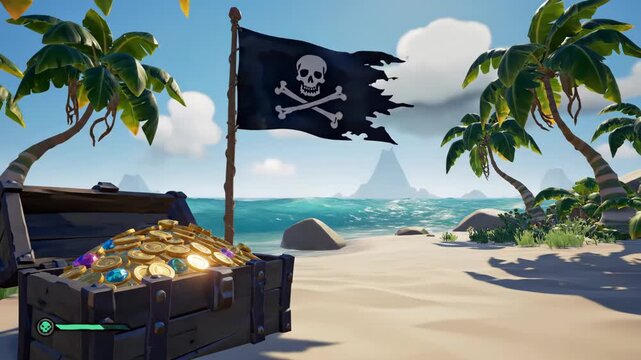 Pirate Treasure on Tropical Island - An open treasure chest filled with gold coins and jewels sits on a sandy beach.