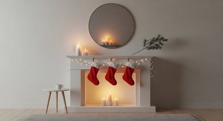 Festive home interior with a white mantelpiece, hanging red stockings, and ambient candlelight for Christmas
