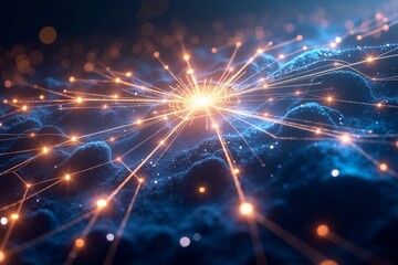 A futuristic, glowing network of interconnected nodes radiates golden light against a deep blue backdrop, evoking digital connectivity and data flow in space. Sparkling particles add depth and energy 