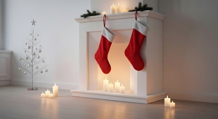 Festive Fireplace with Christmas Stockings and Warm Candlelight