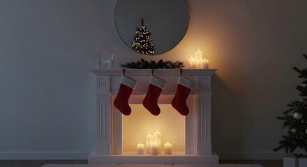 Cozy Christmas fireplace with stockings and warm candlelight creating a festive holiday ambiance