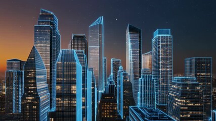 Vibrant digital city skyline with glowing holographic buildings against a twilight sky, representing advanced urban planning, smart infrastructure, and interconnected future technology - Powered by Adobe