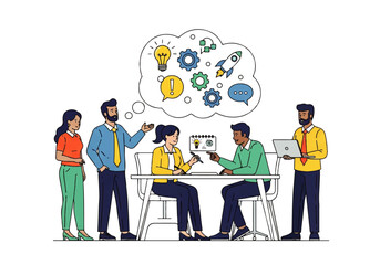 Creative Brainstorm Session: Illustrates a group of diverse professionals collaboratively brainstorming ideas, marked by innovative thinking and strategic planning. 