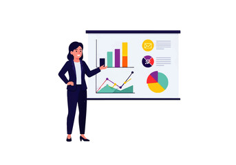 Empowered Insights: A confident presenter shares illuminating data visualizations, highlighting success and strategizing for future growth, igniting the fires of ambition.