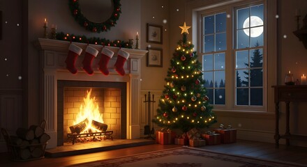 Cozy Christmas Eve Fireplace, Tree, and Moonlight in a Warm Home Interior