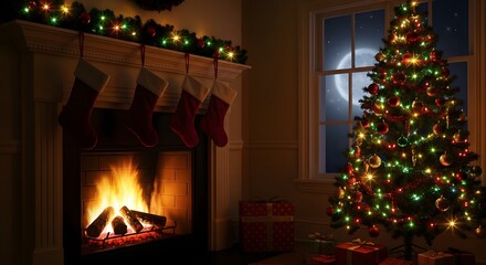 A heartwarming Christmas night by the crackling fireplace, adorned with festive garland and stockings, beside a radiant holiday tree and presents, bathed in soft moonlight