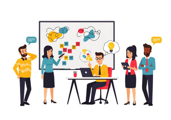 Brainstorming Team at Work: A dynamic team collaborates, sharing ideas and strategizing in front of a brainstorming whiteboard. A visual metaphor for teamwork and ingenuity.