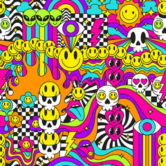 Cool Colorful Groovy Psychedelic Seamless Pattern. Y2k Pop Art Abstract Texture. Cool Acid Funky Background.