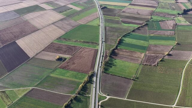Aerial view of an agricultural landscape with patchwork fields divided by roads, showcasing vibrant greens and browns, Rouffach, Grand Est, France.