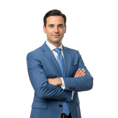 Professional businessman in a blue suit with arms crossed looking confidently forward isolated on transparent background
