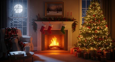 Cozy Christmas Fireplace Scene with Tree, Stockings and Moonlit Window