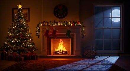 Cozy Christmas Living Room Scene with a Decorated Tree, Fireplace, and Full Moon Visible Through the Window