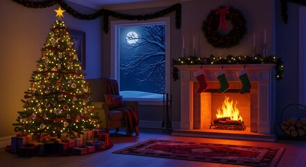 Cozy Christmas Eve A Warm Living Room with Fireplace and Glowing Tree
