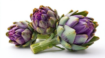 Fresh purple artichokes with green stems isolated on white background, healthy Mediterranean vegetable for gourmet cooking and culinary preparation