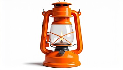 Orange vintage kerosene lantern with lit flame, glass enclosure, and metal frame for editorial outdoor photography emergency lighting decor and poetic nostalgia-themed visuals