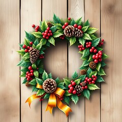Watercolored Christmas wreath made of holly, pine cones, red berries, and golden ribbons on a rustic wooden textured background