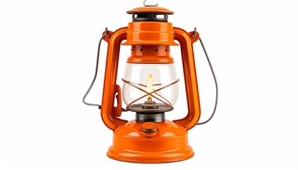 Orange vintage kerosene lantern with lit flame, glass enclosure, and metal frame for editorial outdoor photography emergency lighting decor and poetic nostalgia-themed visuals