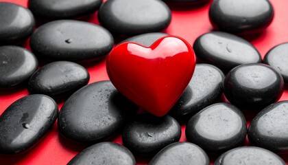 Red heart-shaped object among black wet stones on red background for editorial wellness photography emotional decor and poetic contrast-themed visuals