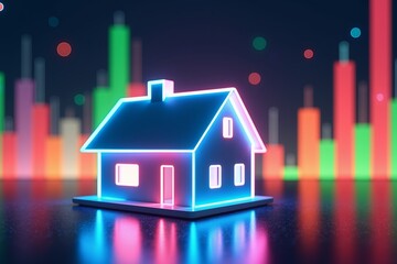 A glowing neon house stands on a reflective surface, surrounded by colorful bar graphs and bokeh lightssymbolizing the intersection of real estate and financial markets in a futuristic, digital econom