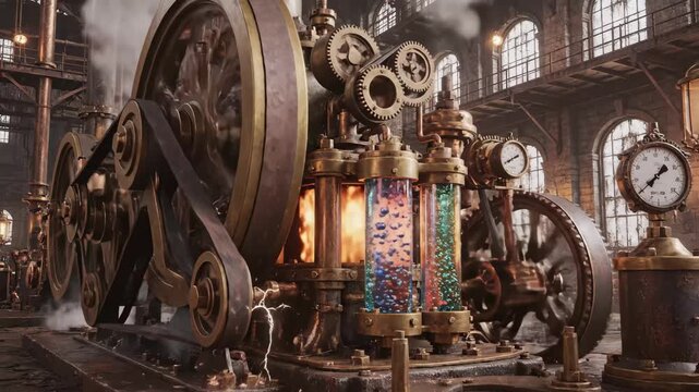Steampunk Machine with Vials and Gauges - A steampunk-inspired machine is depicted with intricate gears, belts, vials filled with different substances, and steam.