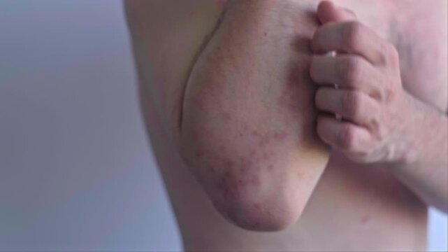 Man with many blisters on body some drying and forming crusts typical signs of adult chickenpox infection