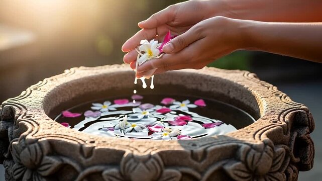 Hands gently dropping flowers into a stone basin filled with water and floating petals