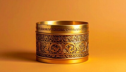 Ornate golden container with filigree patterns, bead embellishments, and polished finish on warm background for editorial cultural photography decorative artifact and poetic heritage-themed visuals