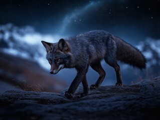 Fototapeta premium A lone fox is walking under the starry night sky on top of a rock.