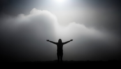 Silhouette of a Woman with Arms Outstretched Under a Dramatic Sky with Clouds and Sunlight, Representing Freedom, Inspiration, and Spiritual Enlightenment Concept