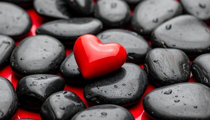 Red heart-shaped object among black wet stones on red background for editorial wellness photography emotional decor and poetic contrast-themed visuals
