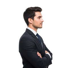 Professional young man in a dark suit with arms crossed profile view isolated on transparent background