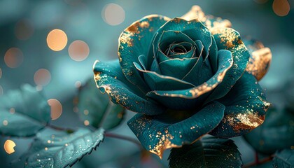 Teal rose with gold-edged petals and bokeh background for editorial floral photography surreal decor and poetic elegance-themed visuals