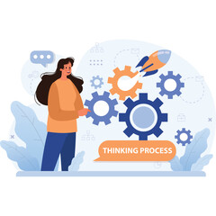 Woman with Gear Mechanism and Rocket Launch symbolizing Thinking Process and Business Strategy Development
