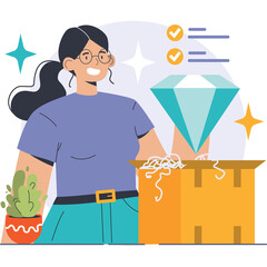 Woman with glasses purple shirt and green pants opening a treasure box with a diamond inside and checklist in a bright sparkly background
