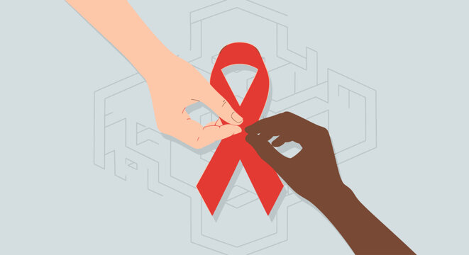 A flat design illustration depicting diverse hands holding a red ribbon, symbolizing global support and awareness for World AIDS Day. This minimalist vector graphic emphasizes solidarity  - Powered by Adobe