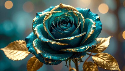Teal rose with gold-edged petals and bokeh background for editorial floral photography surreal decor and poetic elegance-themed visuals