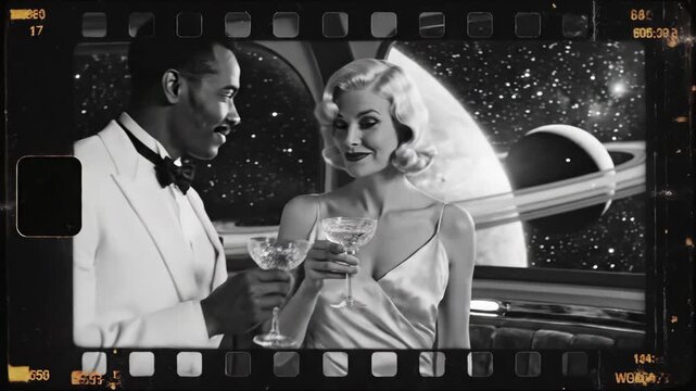 Elegant Couple Toasting in Space - A sophisticated African American man and a blonde woman are dressed in formal wear, toasting with champagne glasses.