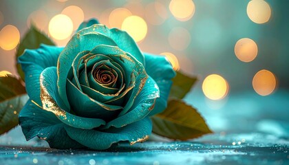 Teal rose with gold-edged petals and bokeh background for editorial floral photography surreal decor and poetic elegance-themed visuals