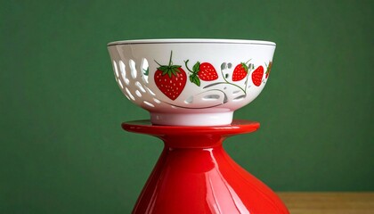 Decorative and minimalist ceramic bowls on red pedestals against green background for editorial kitchenware photography design contrast decor and poetic duality-themed visuals