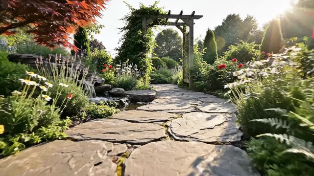 Tranquil Garden Path with Arbor - This video captures a peaceful garden scene with a stone pathway leading to a wooden arbor covered in greenery.