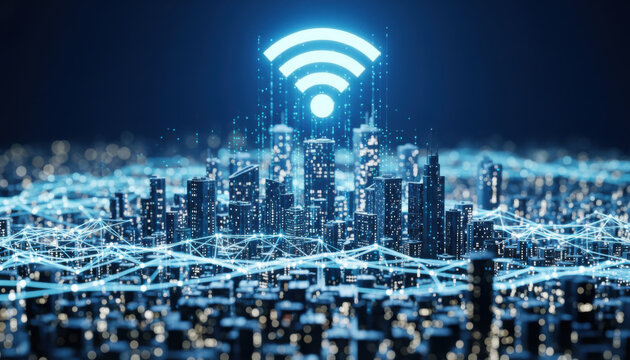 Aerial View of Futuristic Smart City with Glowing WiFi Symbol and Connected Network Lines, Representing Digital Connectivity, Internet of Things, and Urban Technology Integration Concept