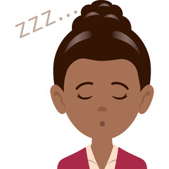 Woman with brown hair in a bun wearing a maroon blazer over a white shirt with eyes closed and ZZZ text above her head indicating sleep or exhaustion against a white background