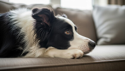 Close-up of a Border Collie Dog Lying on a Brown Sofa Indoors, Looking Thoughtful with a Calm Expression, Showing Pet Companion and Domestic Tranquility Concept