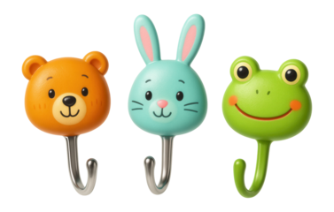 Colorful animal-shaped hooks for a child's bedroom hanger. Perfect for kids' decor!
