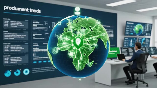 Electric Delivery Van on Highway - A white electric delivery van with solar panels on its roof drives down a highway on a sunny day. The van has a green logo on its side and is surrounded by trees.