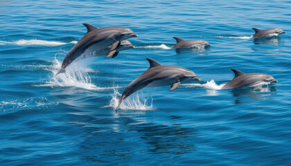 Obraz premium Majestic Pod of Dolphins Leaping Joyfully in Dynamic Blue Ocean Waves, Capturing a Moment of Natural Splendor and Aquatic Grace