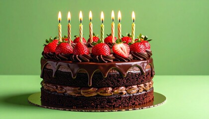 Chocolate layer cake with ganache, strawberries, and lit candles on wooden surface with green background for editorial dessert photography birthday celebration decor and poetic indulgence-themed visua